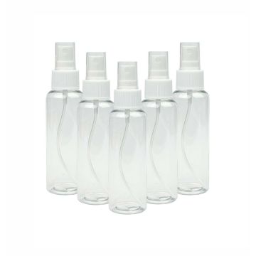 Five 100ml see through empty plastic bottles with spray caps 