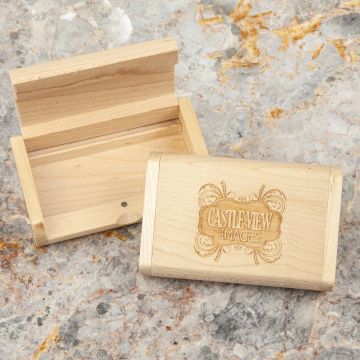 dark wood USB flip box engraved with logo