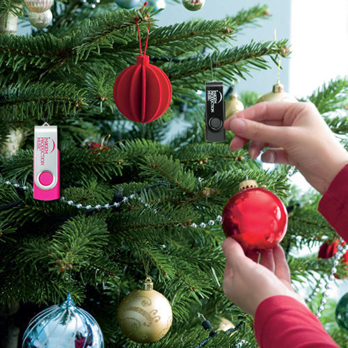 USB sticks hanging from a Christmas tree