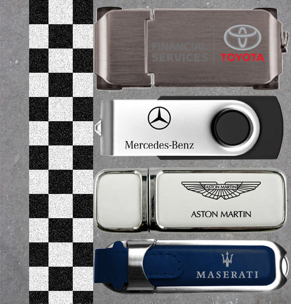 USB sticks with branded with automotive logos behind a chequered start line