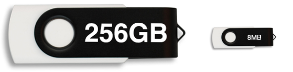 big 256GB USB stick next to a small 8MB USB stick