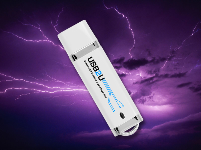 Branded USB Flash DRive amoungst storm clouds and lightening