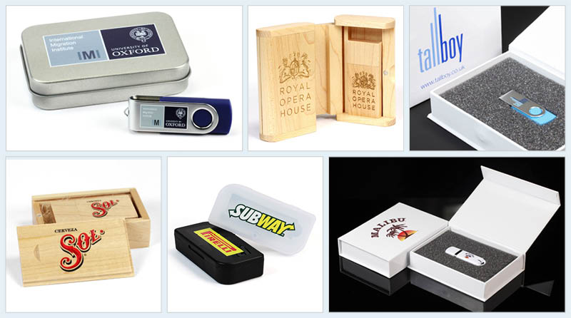 A montage of photographs of different USB Memory Sticks with branded packaging