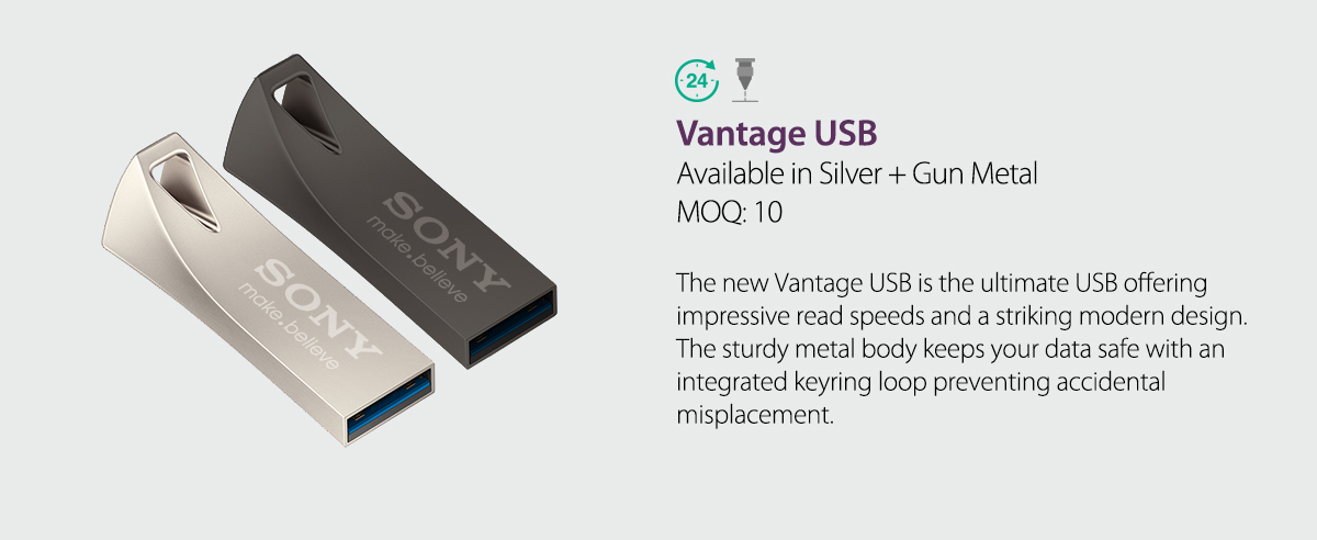 Silver and gun metal USB with logo and useful information